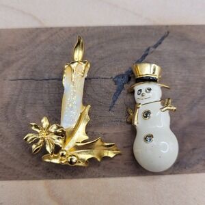 Small Enamel And Gold Tone Candle And Snowman Christmas Brooch Pins